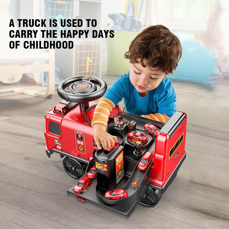 Fire Police Space Car Parking Stroller Toy Children Kids Rail Track Free Wheel Ride On Car for Kids Boys 2-In-1 Telling Story