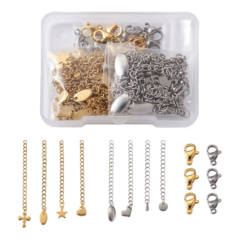 40pcs DIY 304 Stainless Steel Jewelry Finding Kits with Chain Extenders and Lobster Claw Clasps Golden & Stainless Steel Color