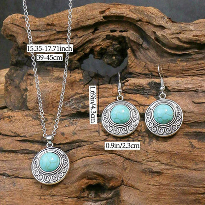 Retro Antique Turquoise Pendant Necklace &amp; Earrings Set