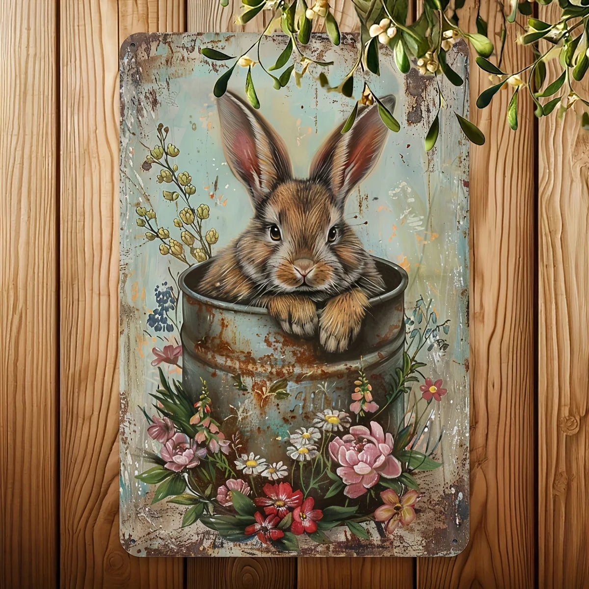 Retro Country Style Rabbit And Floral Iron Wall Art Indoor And Outdoor Decoration No Electricity Required 8X12 Inches