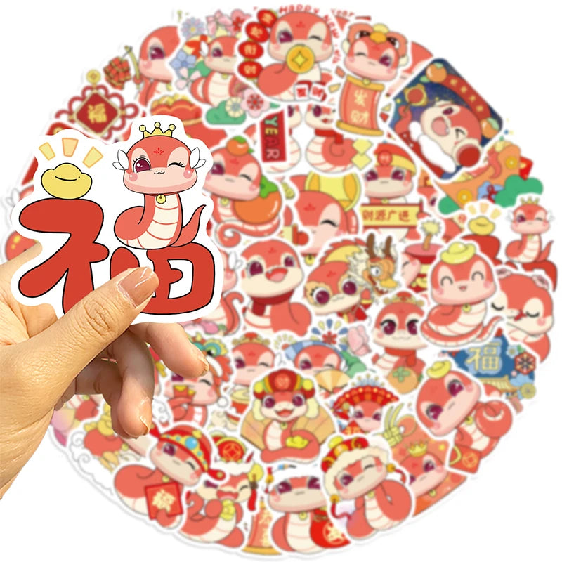 50Pcs Spring Festival Year Of The Snake Stickers Graffiti Decals DIY Phone Case Luggage Guitar Aesthetic Sticker Kids Toys