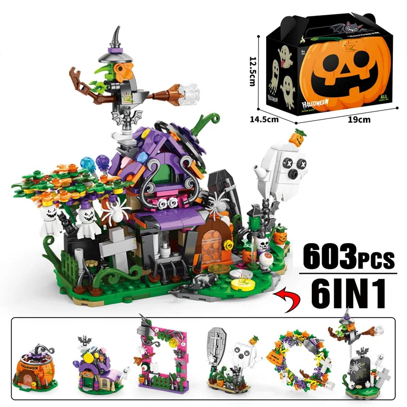 Creative Halloween Ghost House Ghost Train Desktop Atmosphere Decoration Building Blocks Bricks Toys for Kids Boys and Girls 6+