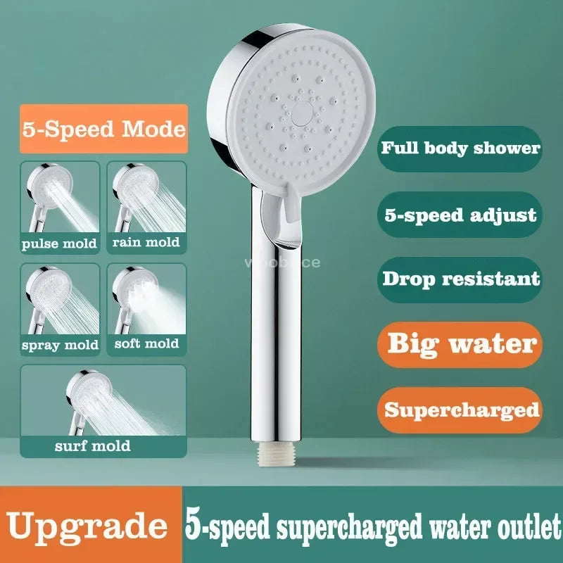 Turbo Bathroom Shower Head Strong Current Shower Heads High Pressure Powerful Rain Shower Head 5 Modes Universal Shower Head Set