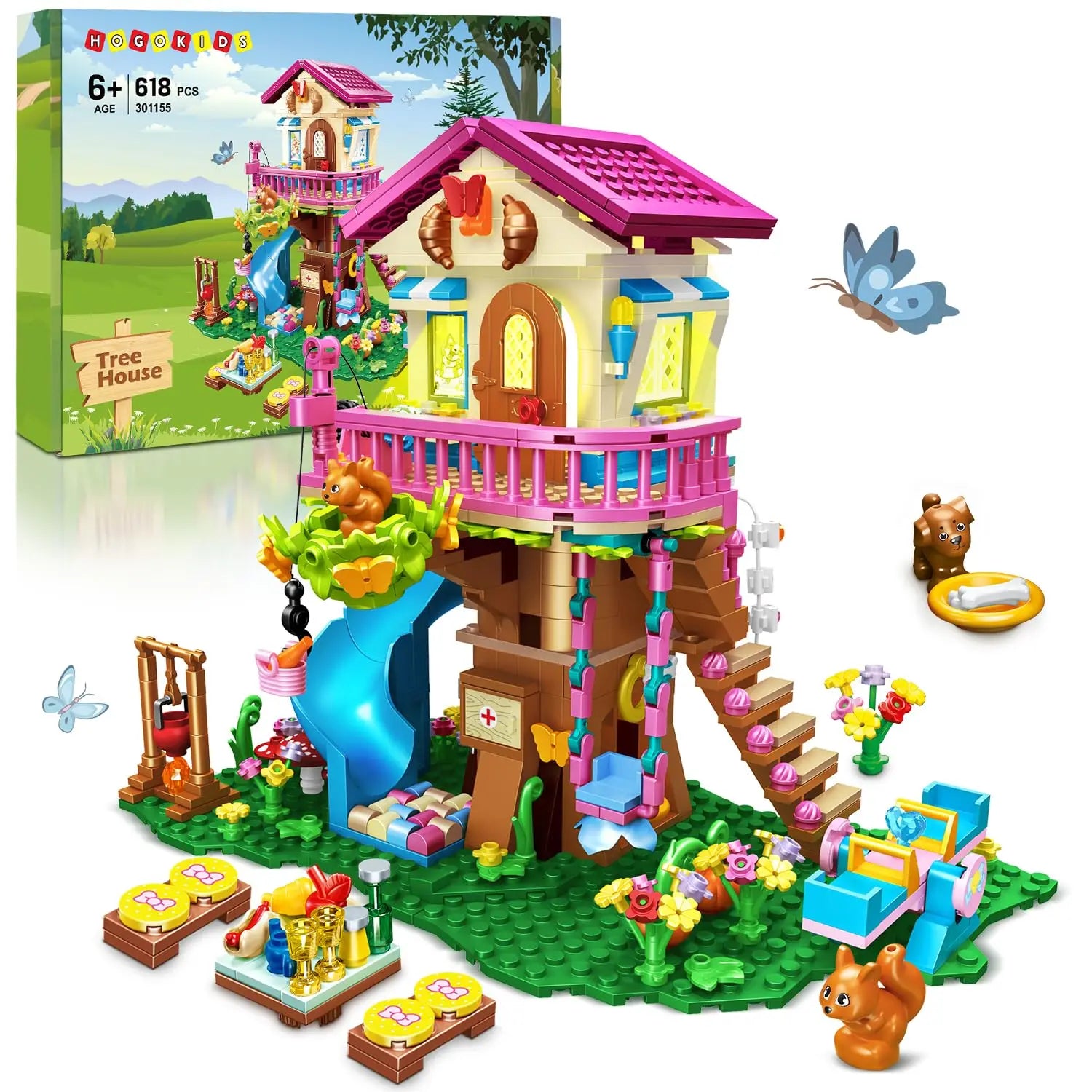 HOGOKIDS Tree House Building Set with LED-Blocks Toy Forest Up House Building Kit with Slide Birthday Gifts for Kids  Age 6+