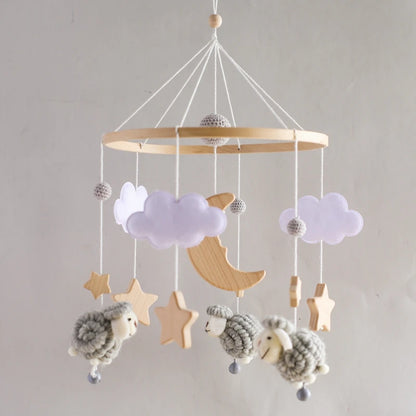 Wooden Baby Rattle Mobile 0-12Month Soft Felt Cartoon Sheep Star Moon Newborn Music Box Hanging Bed Bell Mobile Crib Bracket Toy