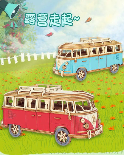 Retro Bus European-style Campervan 3D Wooden Car Puzzle DIY Sailing Ship Airplane Building House Model Jigsaw Toys For Children