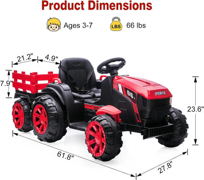 12V Kids Ride On Tractor Toys Trailer Kids Electric Car Toy Tractor With Remote Control 35W Dual Motor Ride 6 Wheels Boys Girls