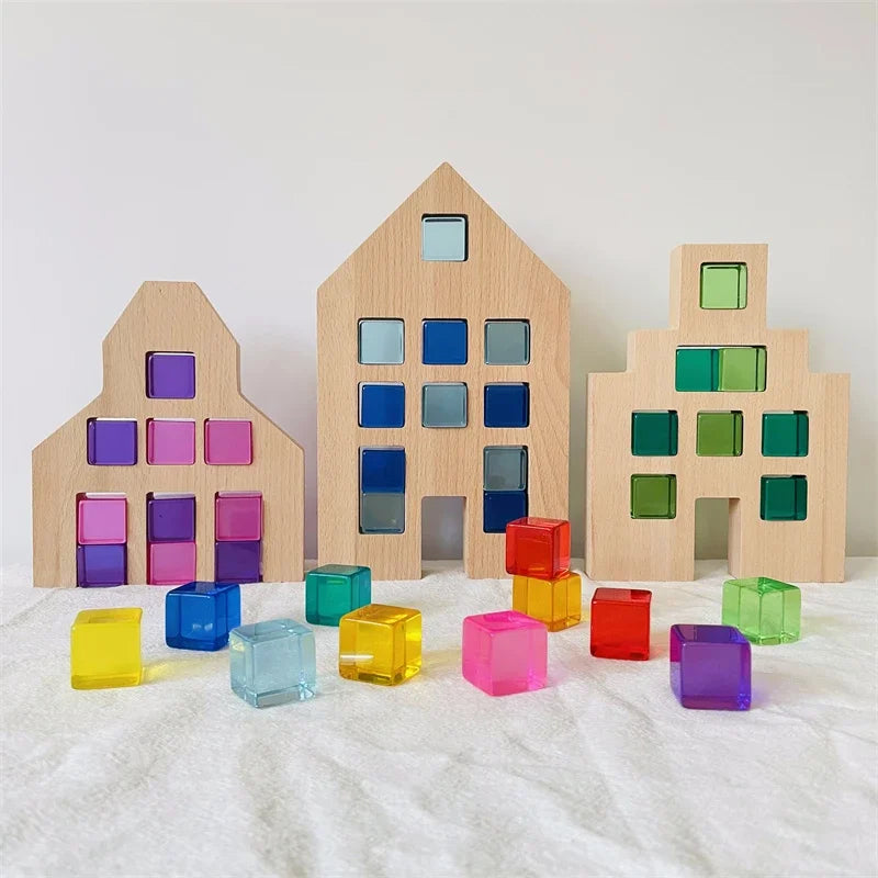 Dutch Wood Houses Lucite Cubes Blocks Rainbow Acrylic Building Blocks Color Street Open-ended Play Montessori Educational Toys