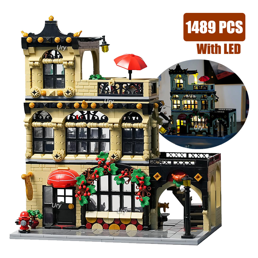 City Street View Modular Coffee Restaurant Retro Flower House with LED Light MOC Architecture Building Block Sets Toys for Kids