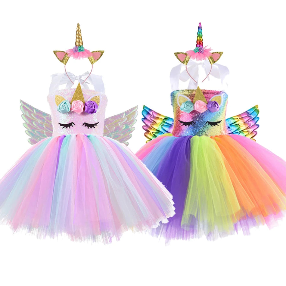 Princess Girls Unicorn Tutu Dress Outfits Pastel Flower Baby Girl Birthday Party Dresses Tulle Kids Halloween Cosplay Costumes