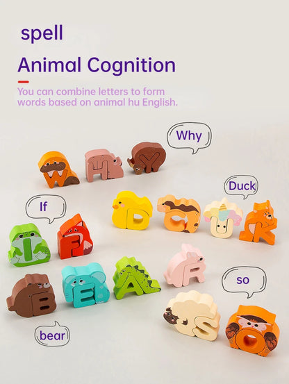 Wooden Alphabet Creative Puzzle Toy Abc Building Blocks Alphabet Cognitive Spelling Jigsaw Animal Puzzle Cute Gift for Kids