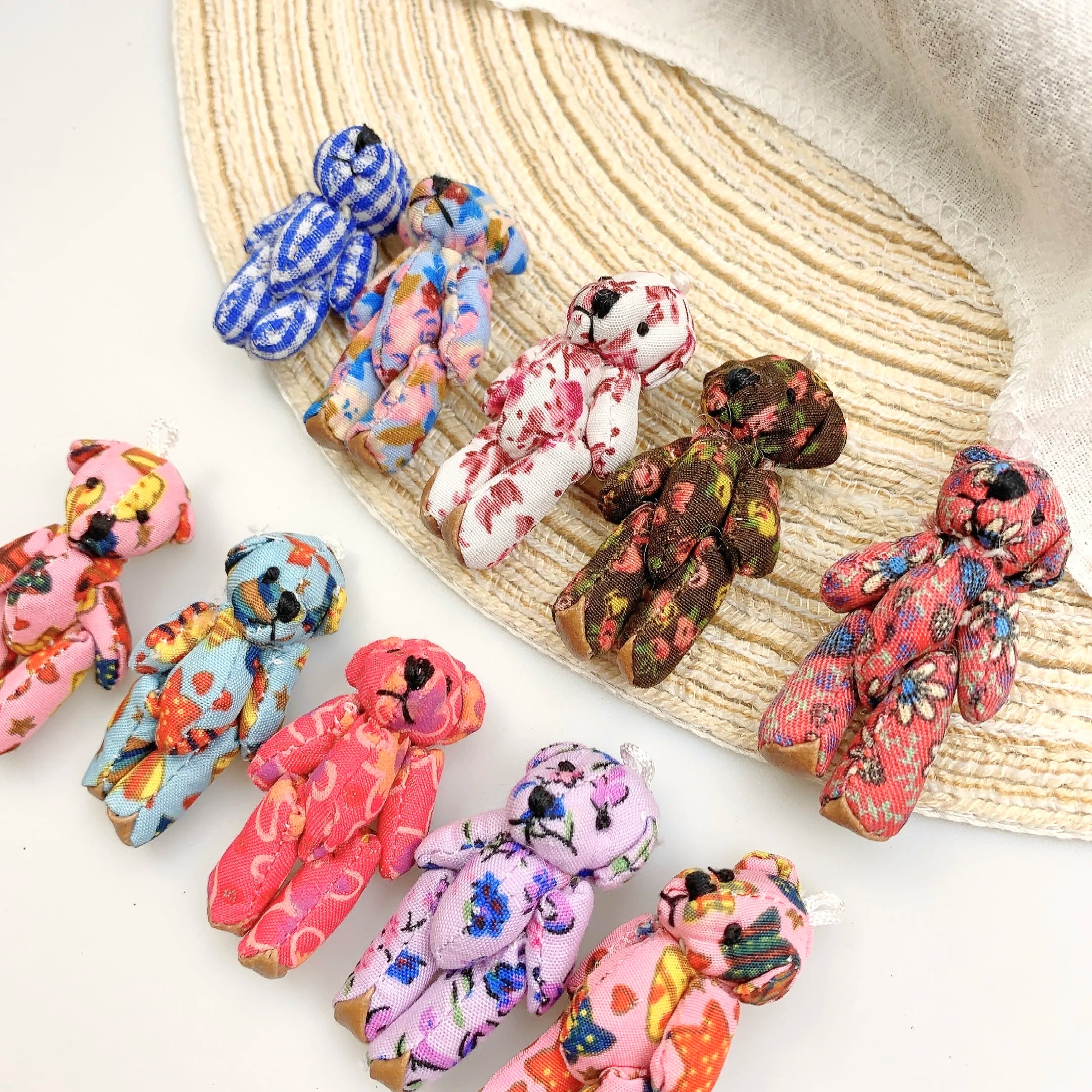 10pcs Mini Joint Bears Plush Keychain 4.5-3.5cm Cartoon Floral Plaid Bear Doll Stuffed Toy Bag Pendant Kids Christmas Party Gift