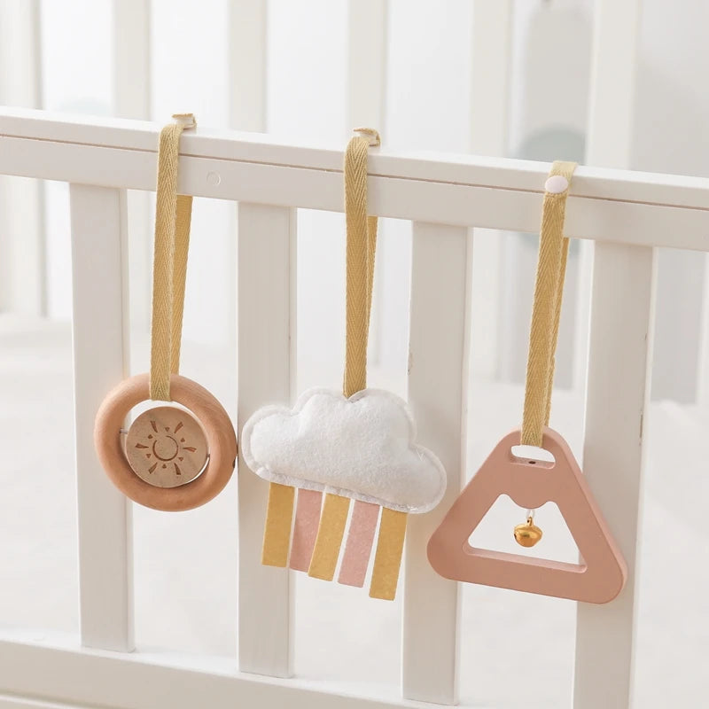 Baby Wooden Gym Pendant Toy Soft Felt Music Rattle Cotton Crochet Mobile Crib Teether Pendant For Infant Activity Gym Toys Gift