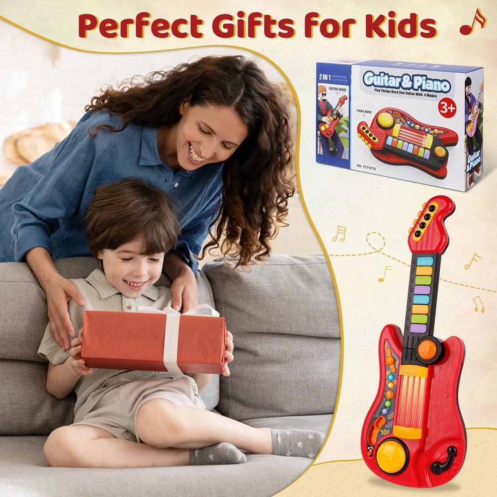 2 In 1 Electric Kids Guitar Toy Foldable Toy Guitar Piano Beginners Musical Instruments Early Education Best Gift for Boys Girls