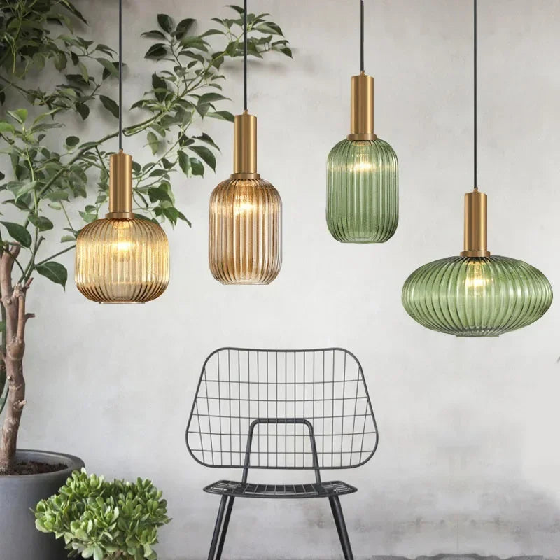 Nordic Striped Glass LED Pendant Lights Vintage Lantern Chandelier Dining Room Kitchen Bedside Hanging Lamp Home Decor Hanglamp