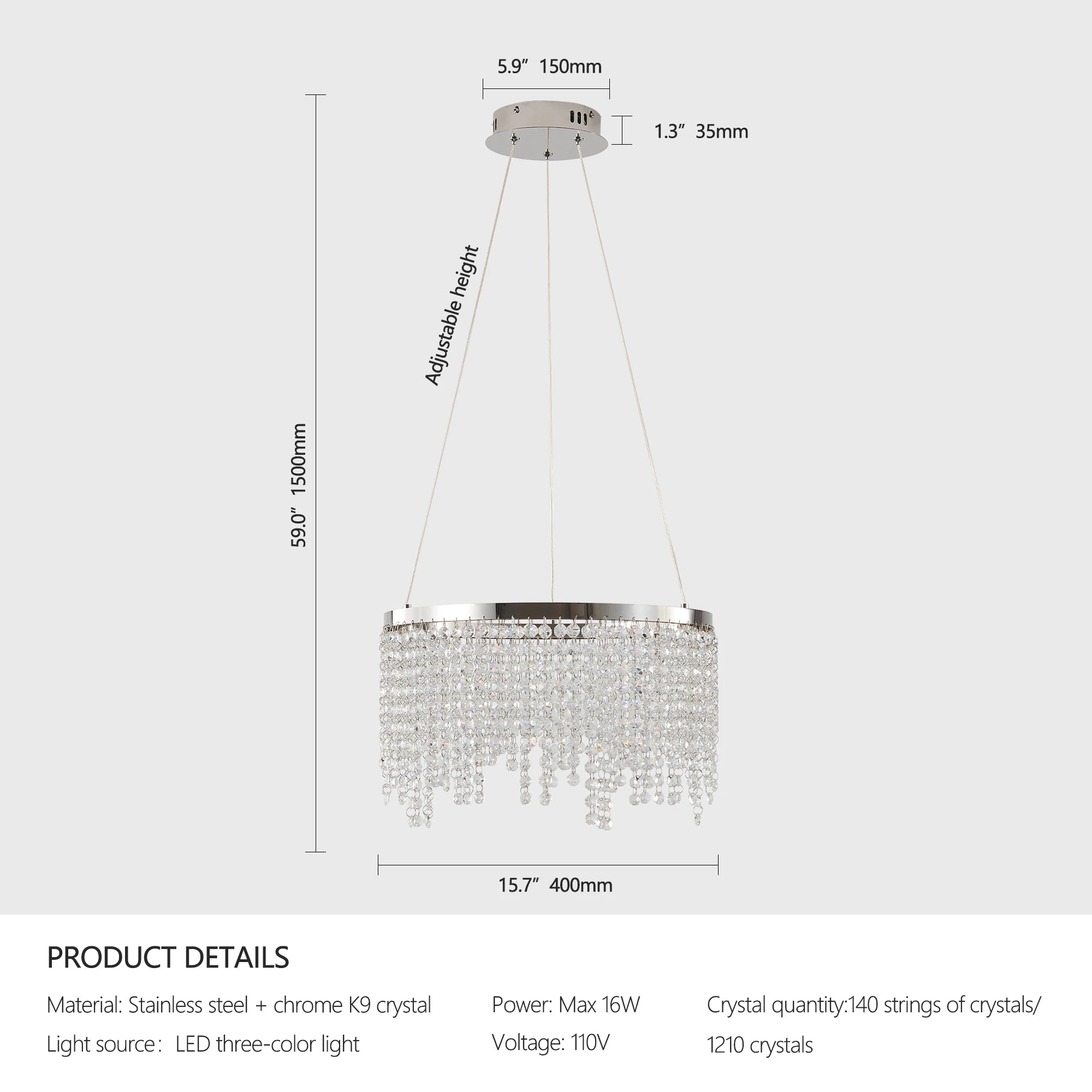 16-inch Luxury Dimmable Crystal Led Chandelier