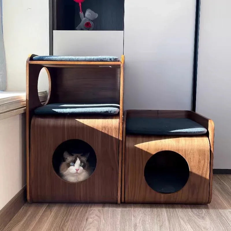 Decorative 2-in1 End Table Cat Bed Multipurpose Natural Wood Kitten Hideaway Cave House Cat Condo Nightstand Pet Furniture