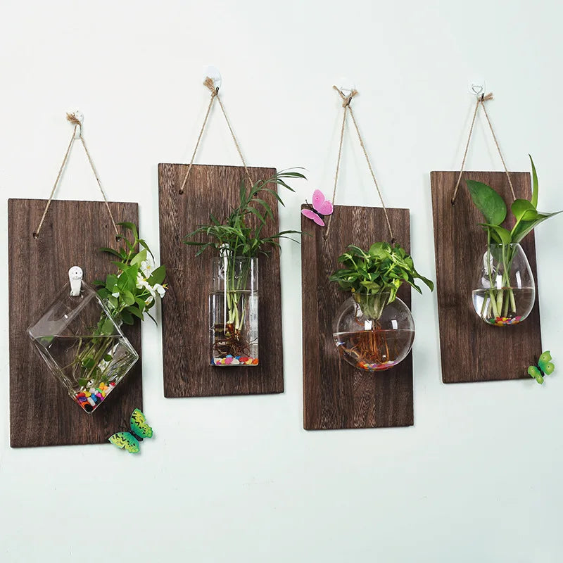 Wood Glass Wall Vases Indoor Wood Hanging Vase,Wall Decor for Bathroom Office and Living Room, Farmhouse Sconces Wall Decor