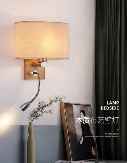 Wooden Wall Light With Oval/Rectangle Fabric Shade Base Switch Hotel Room Bedroom Frosted-glass Wall Sconce 1W Reading Spotlight