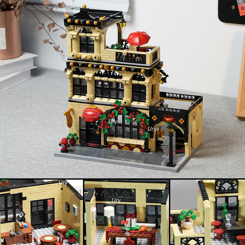 City Street View Modular Coffee Restaurant Retro Flower House with LED Light MOC Architecture Building Block Sets Toys for Kids