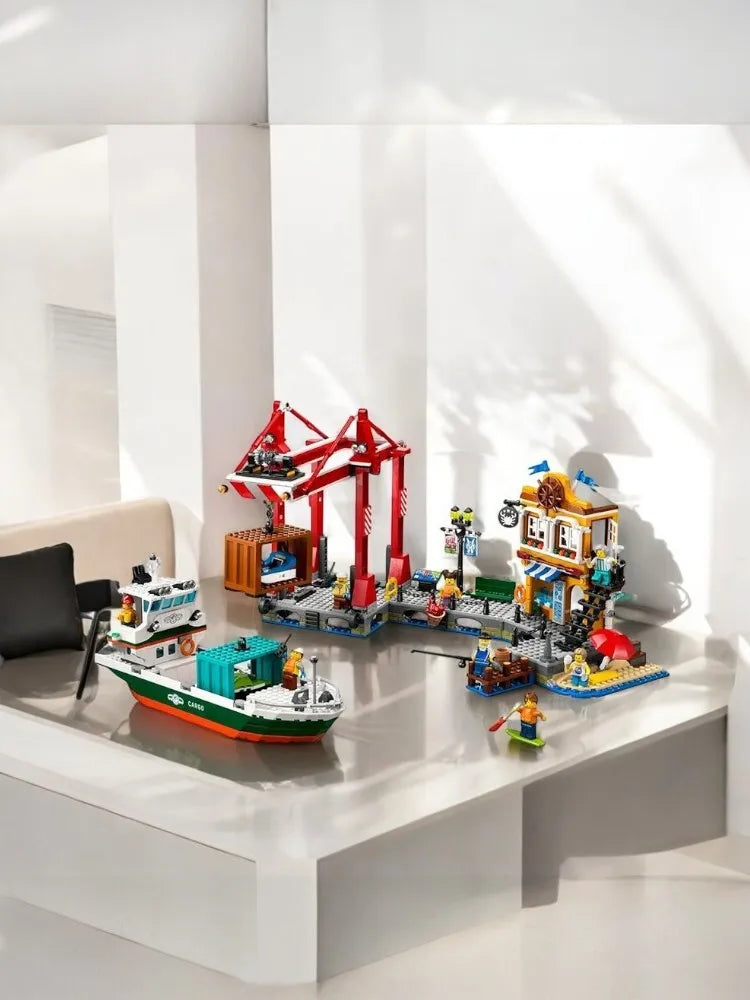 60422 LEGO City Seaside Harbor, with cargo ship toys, model container cranes, and boats, creative gift sets for boys and girls