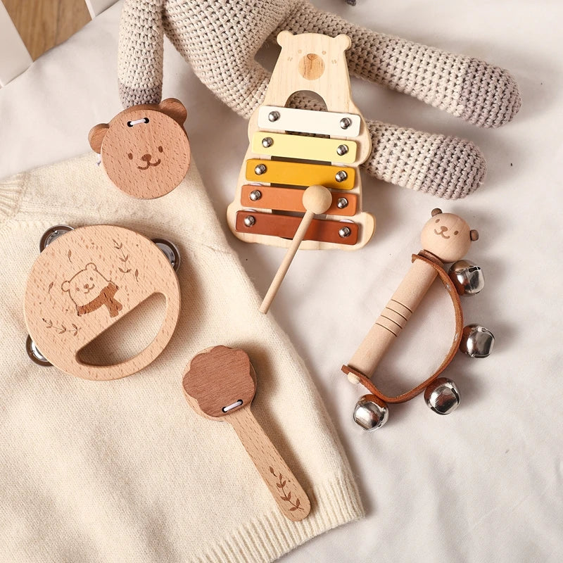 Baby Wooden Musical Instruments Montessori Toys Kids Bear Percussion Xylophone Rain Sound Pipe Music Shaker Early Education Toys