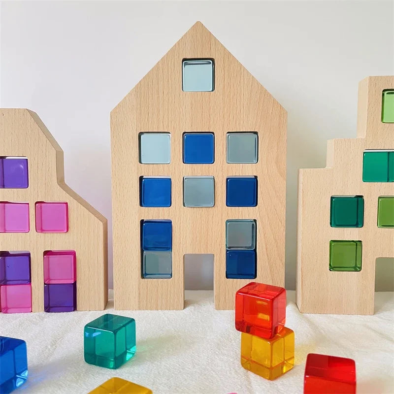 Dutch Wood Houses Lucite Cubes Blocks Rainbow Acrylic Building Blocks Color Street Open-ended Play Montessori Educational Toys