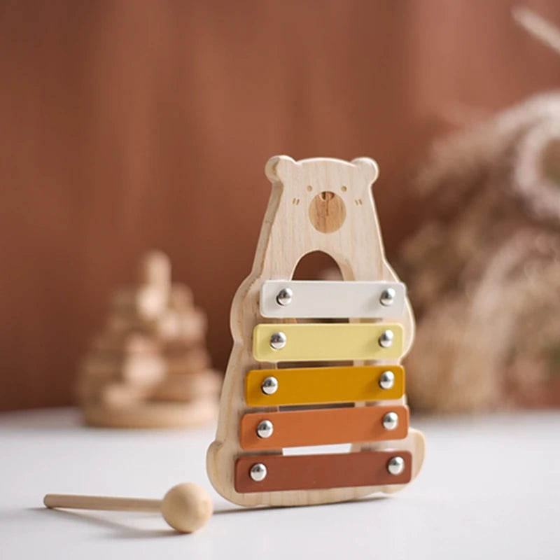 Baby Wooden Musical Instruments Toys Multifunctional Bear Shape Xylophone Octave Playing Musical Percussion Montessori Toys Gift