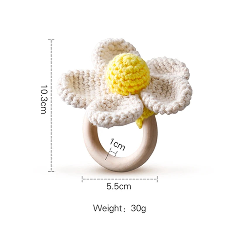 1pc Baby Rattles Crochet Flower Rattle Toy Wood Ring Baby Teether Rodent Infant Gym Mobile Rattles Newborn Educational Toys Gift