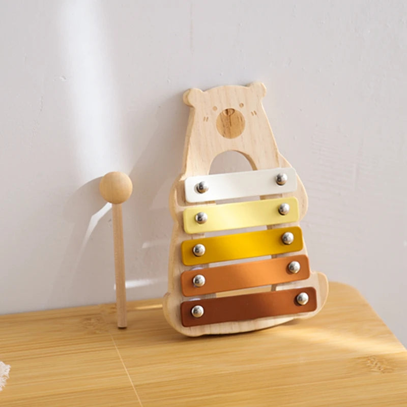 Baby Wooden Musical Instruments Toys Multifunctional Bear Shape Xylophone Octave Playing Musical Percussion Montessori Toys Gift