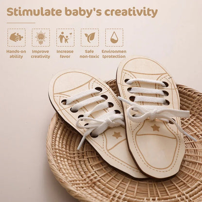 2pc Wooden Lacing Shoe Toy Learn to Tie Laces Creative Threading Educational Toys Practice Tying Shoelaces Boards Montessori Toy