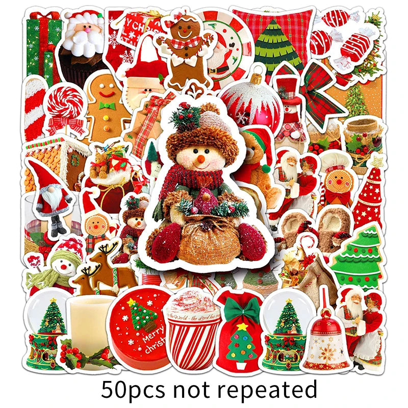 50pcs Christmas Stickers Cute Cartoon DIY Scrapbooking Gift Decals PVC Waterproof Sticker For Laptop Phone Funny Toy Decal