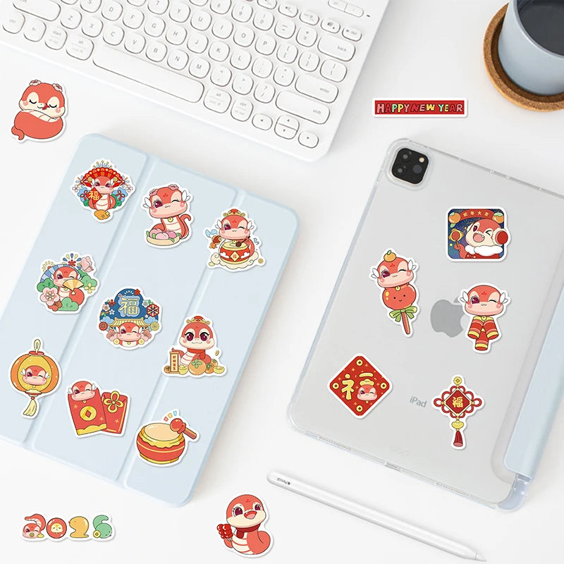 50Pcs Spring Festival Year Of The Snake Stickers Graffiti Decals DIY Phone Case Luggage Guitar Aesthetic Sticker Kids Toys