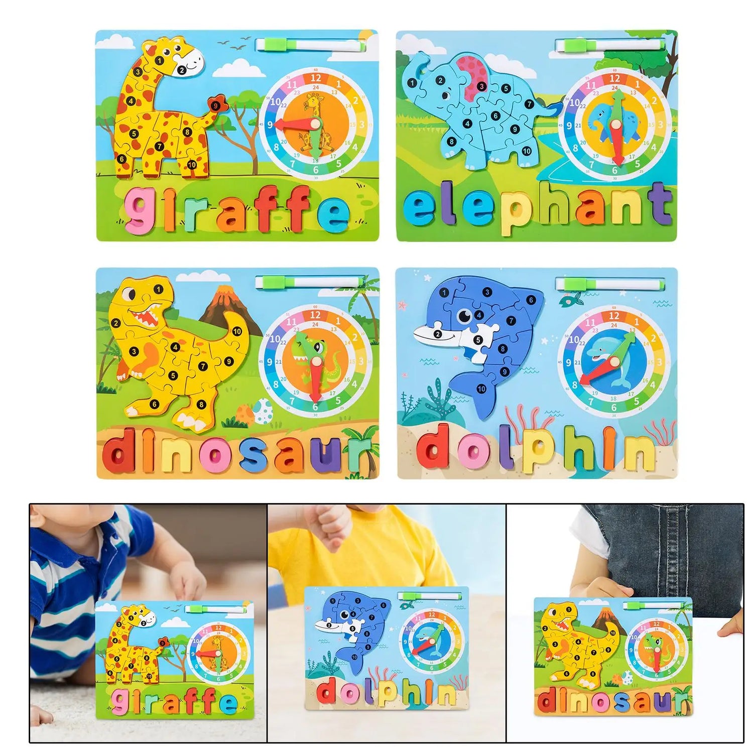 Alphabet Puzzle Blocks Toys Early Learning with Clock Toy Wooden Animal Puzzle Montessori Toy for Children Gift Boys Girls Kids