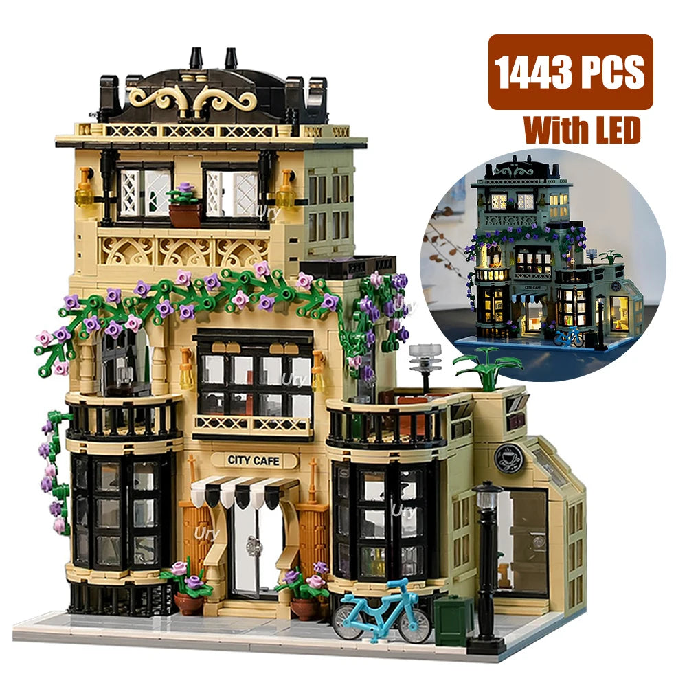 City Street View Modular Coffee Restaurant Retro Flower House with LED Light MOC Architecture Building Block Sets Toys for Kids