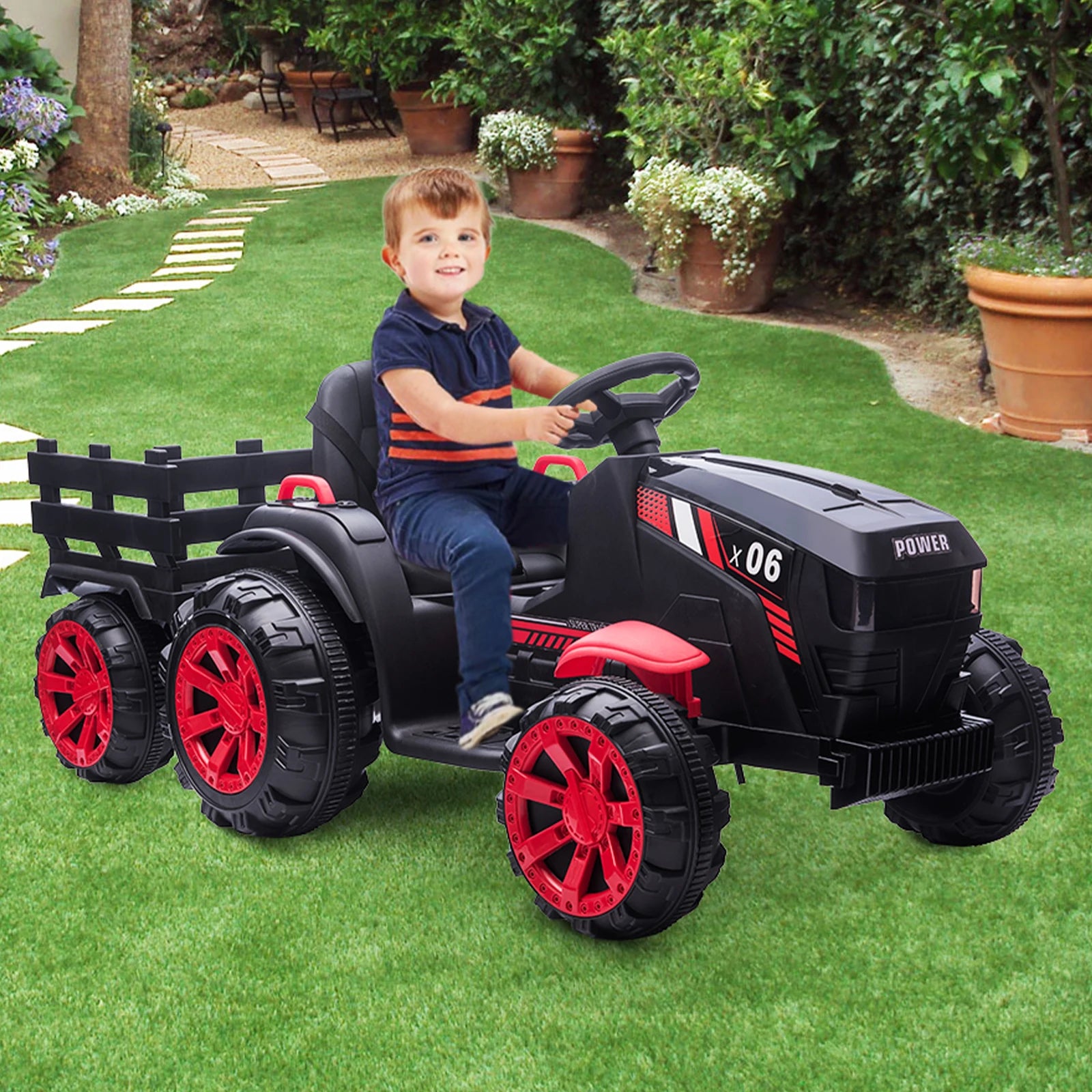 12V Kids Ride On Tractor Toys Trailer Kids Electric Car Toy Tractor With Remote Control 35W Dual Motor Ride 6 Wheels Boys Girls