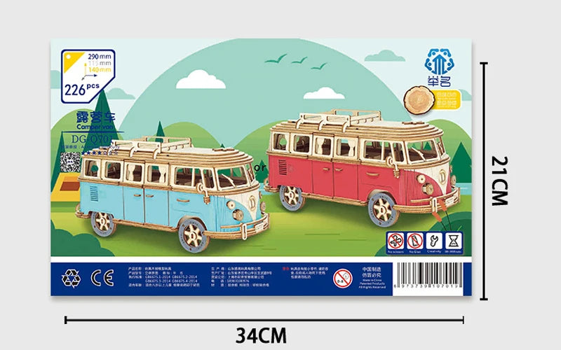 Retro Bus European-style Campervan 3D Wooden Car Puzzle DIY Sailing Ship Airplane Building House Model Jigsaw Toys For Children