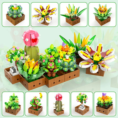 Flower Plant Bonsai Building Set, 9pcs of Succulent Building Toy Blocks, for Home Decoration, Valentine&