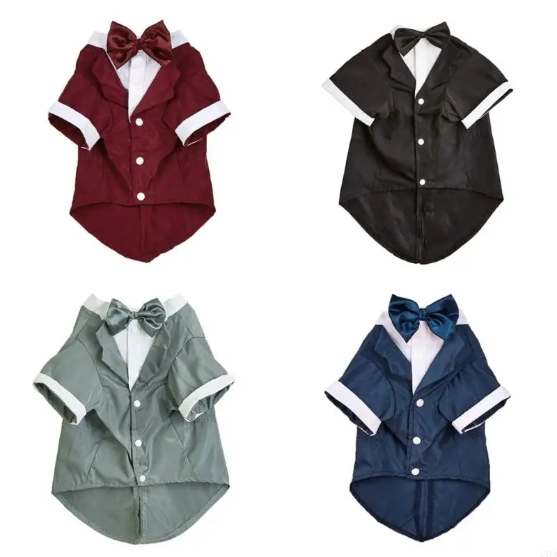 24TD Pet Bowknot Collar Shirt with Tuxedo Dogs Clothes Wedding Walking Jumpsuit