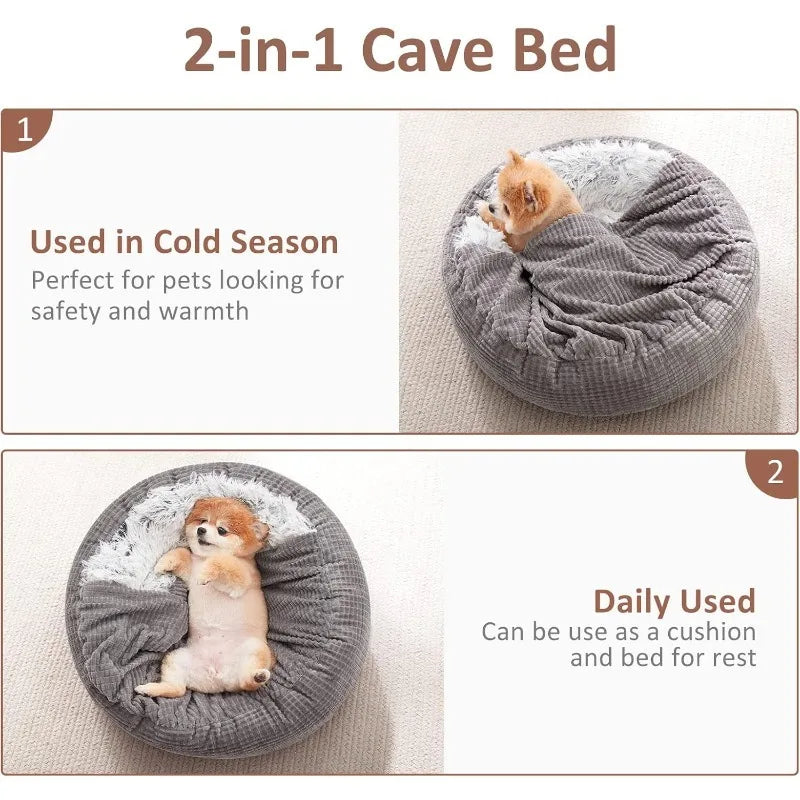 Small Dog Bed with Blanket Attached, Round Calming Hooded Cozy Cave Dog Beds for Small Dogs, Soft Plush Cuddler Puppy Pet Bed