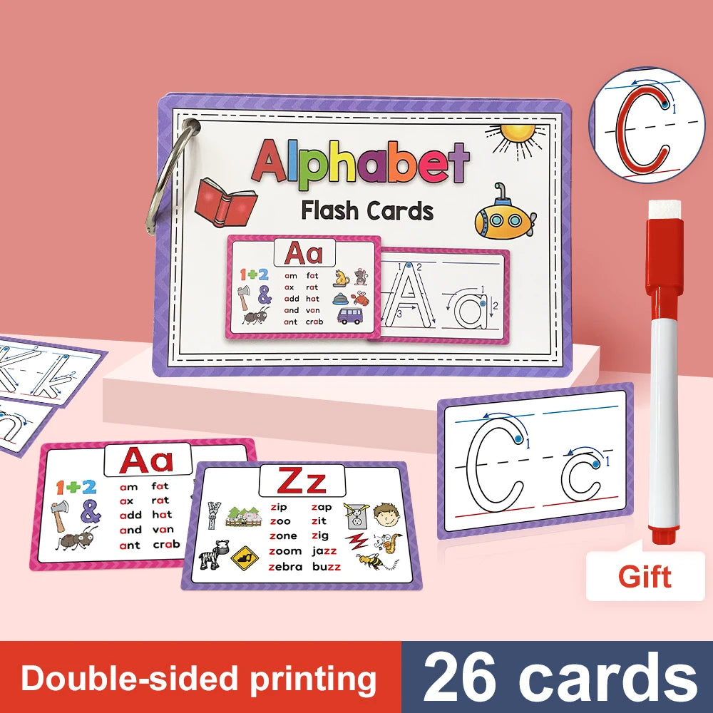 26 Alphabet Phonics CVC Words Learn Flash Cards abc letter with The Reasable Pen Writing Practice Educational Toys for Children