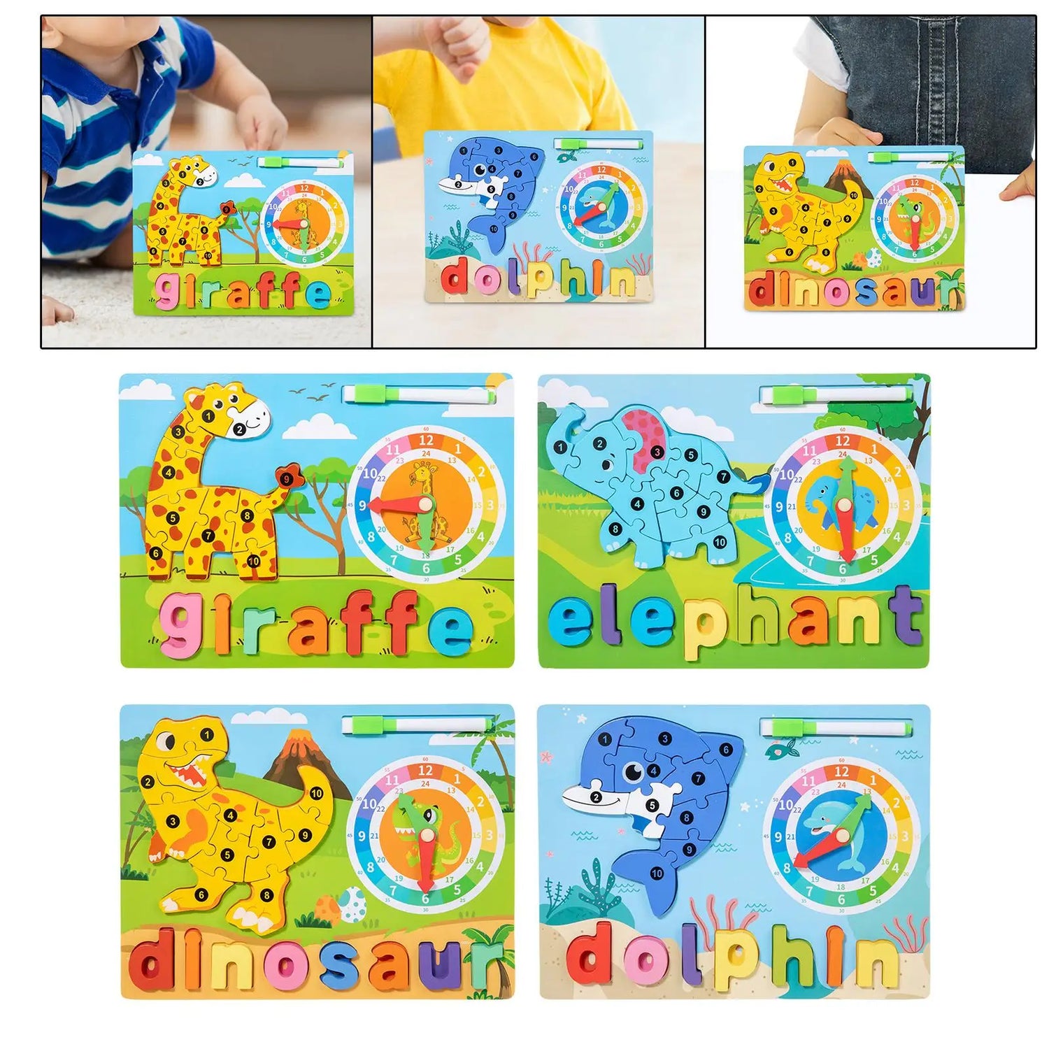 Alphabet Puzzle Blocks Toys Early Learning with Clock Toy Wooden Animal Puzzle Montessori Toy for Children Gift Boys Girls Kids