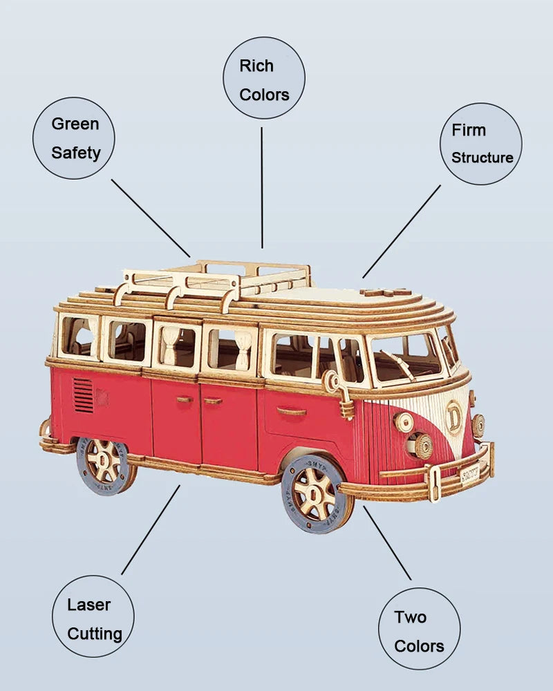 Retro Bus European-style Campervan 3D Wooden Car Puzzle DIY Sailing Ship Airplane Building House Model Jigsaw Toys For Children