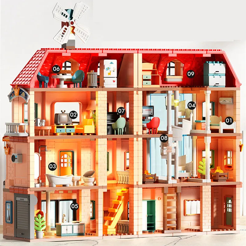 Big Building Blocks Doll House Parts Kitchen Bedroom Bathroom Living Room Sofa Bunk Bed Piano Lamp Compatible Large Bricks Toys