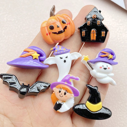 10Pcs New Cute Resin Cartoon Halloween Ghost, Pumpkin Series Flat Back Scrapbooking DIY Jewelry Craft Decoration Accessories