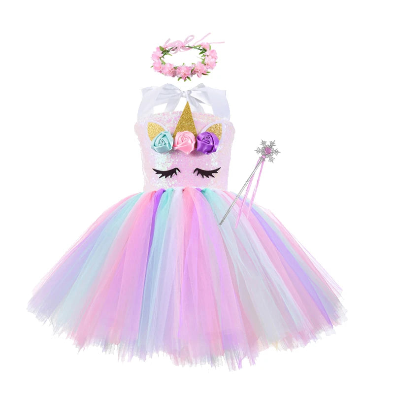 Princess Girls Unicorn Tutu Dress Outfits Pastel Flower Baby Girl Birthday Party Dresses Tulle Kids Halloween Cosplay Costumes