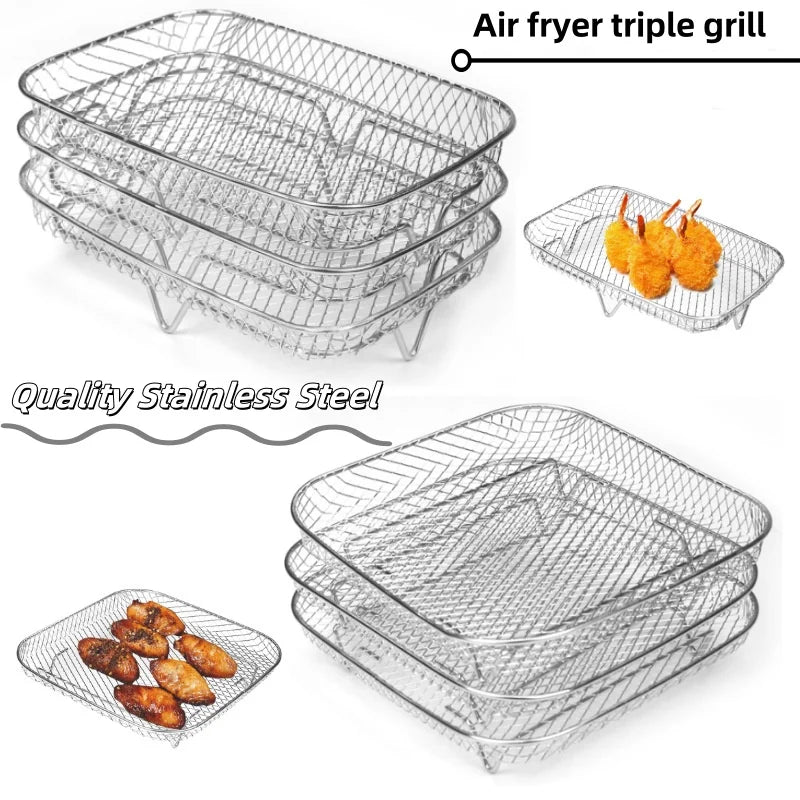 304 Stainless Steel 3-layers Air Fryer Rack Household Storage Rack Removeable Stackable Grilling Rack Kitchen Coooking Tools