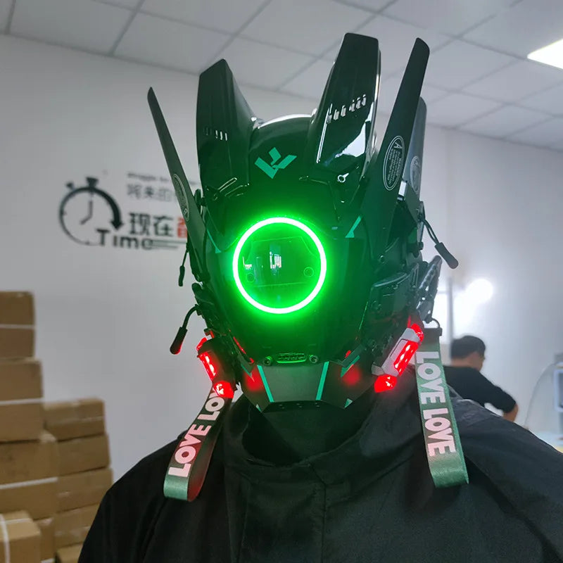 Cyberpunk Helmet Shinobi Mask Robot Samurai Mask Cosplay Techwear Cyber Punk Hi-Tech Helmet Armor Futuristic Toy With Led Light