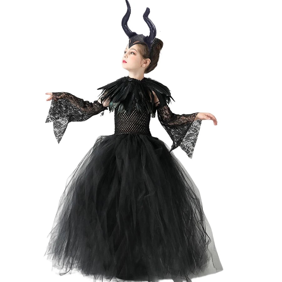 Disney Maleficent Devil Queen Tutu Costume Halloween Girls Fancy Tutu Dress with Feather Shawl Royal Kids Ball Gown Robe Outfits