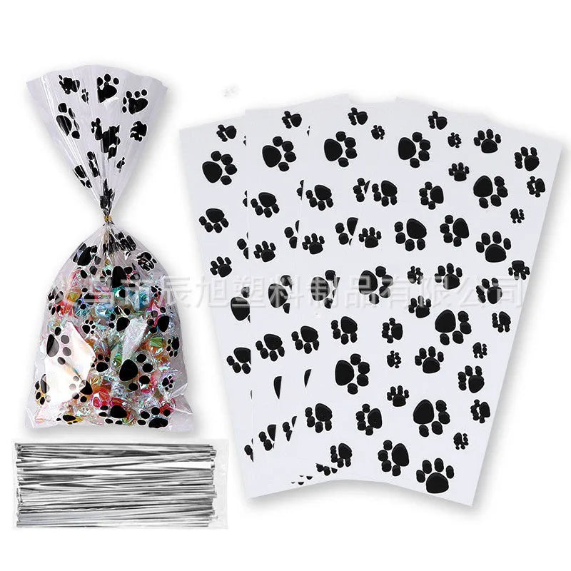 50pcs Pet Paw Print Cellophane Bags Heat Sealable Treat Candy Bags Dog Cat Gift Bags with Twist Ties Birthday Party Favor Supply